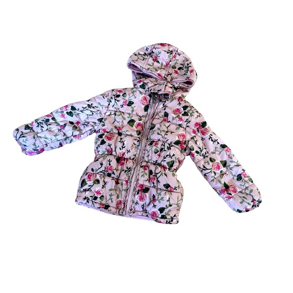 Pink Platinum Toddler Girl Jacket Puffer Hooded Floral Roses Pink 4 - Picture 1 of 5